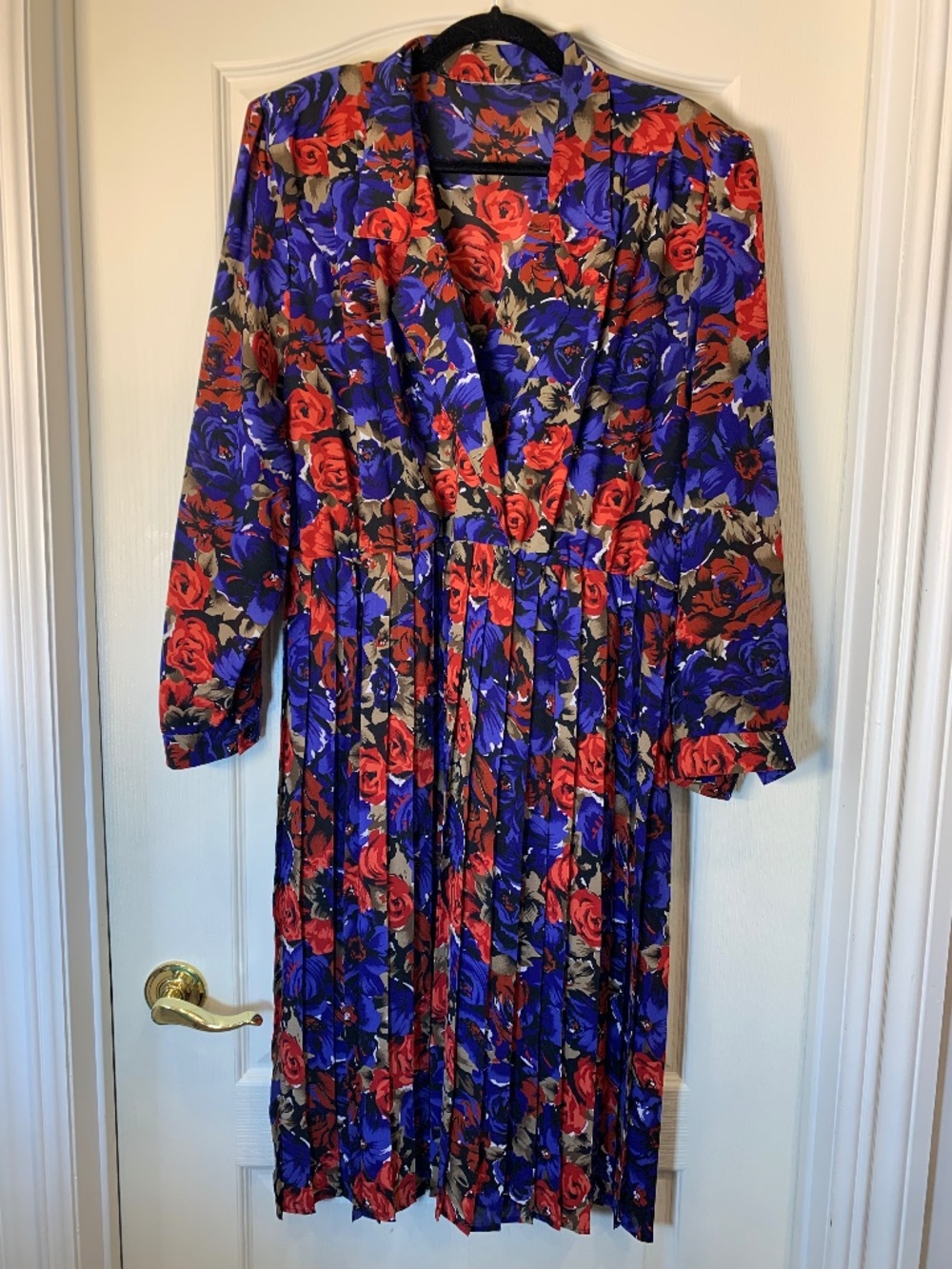 Vintage Floral Pleated Dress 80s 90s Retro Style Bold Blue & Red Print Large